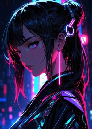Cyberpunk Anime Girl: Neon Nights - Premium Wooden Framed Poster. Ready to Hang.