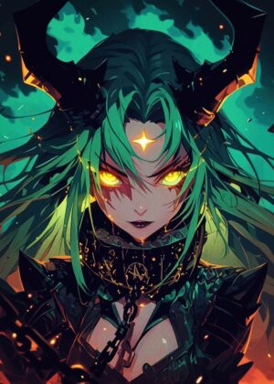 Green-Haired Demon Girl: Fierce Fantasy Art Print - Premium Wooden Framed Poster. Ready to Hang.