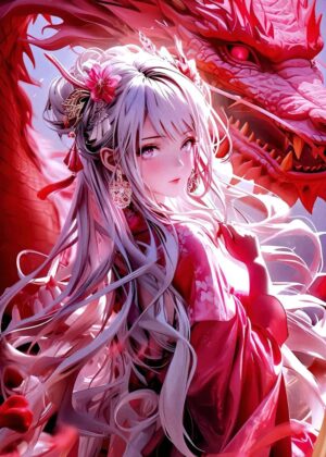 Anime Girl and Dragon: A Breathtaking Fantasy Artwork - Premium Wooden Framed Poster. Ready to Hang.