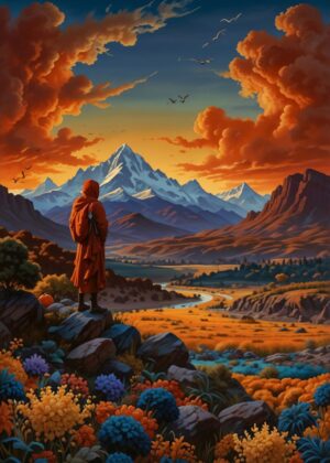 Monk Contemplating Majestic Mountains at Sunset - Premium Wooden Framed Poster. Ready to Hang.