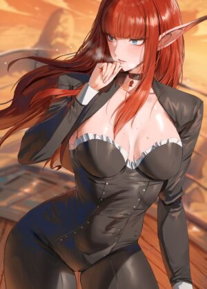 Cute Elf Girl in Black Bodysuit - Anime Art Print - Premium Wooden Framed Poster. Ready to Hang.