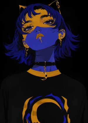 Anime Girl pt. 5: Blue and Gold Cyberpunk Aesthetic - Premium Wooden Framed Poster. Ready to Hang.