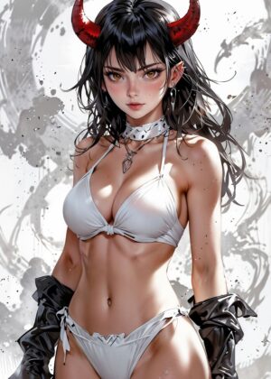 Devilish Bikini Girl: Anime Art Print - Premium Wooden Framed Poster. Ready to Hang.