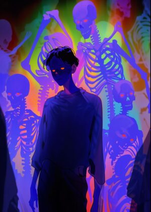 Surrounded by Skeletons: A Neon Nightmare - Premium Wooden Framed Poster. Ready to Hang.