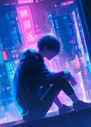 Anime Boy in Neon Rain - Premium Wooden Framed Poster. Ready to Hang.