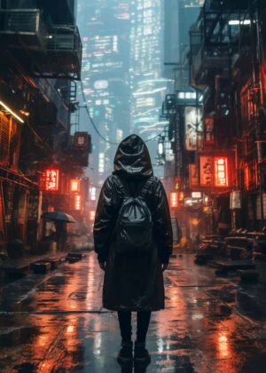 Cyberpunk Cityscape: Rain-Soaked Streets and Neon Lights - Premium Wooden Framed Poster. Ready to Hang.