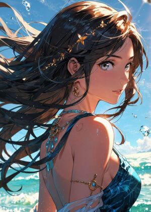Anime Girl Ocean Breeze: Stunning Digital Art Print - Premium Wooden Framed Poster. Ready to Hang.