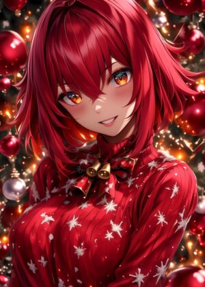 Anime Girl in Festive Christmas Attire - Premium Wooden Framed Poster. Ready to Hang.