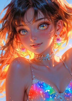 Radiant Anime Girl in a Rainbow-Colored Dress - Premium Wooden Framed Poster. Ready to Hang.