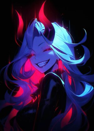 Neon Demon Girl: Anime Art Print - Premium Wooden Framed Poster. Ready to Hang.