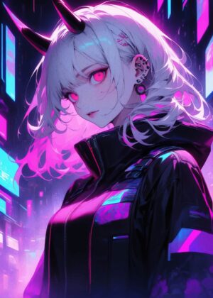 Cyberpunk Anime Girl: Neon Dreams - Premium Wooden Framed Poster. Ready to Hang.