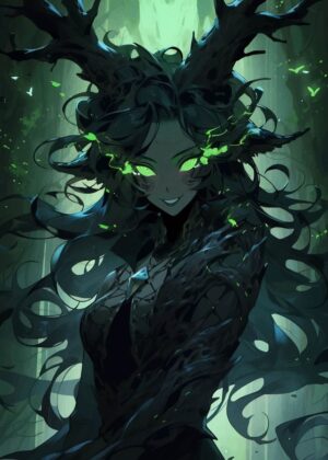 Enchanted Forest Nymph: Mystical Green Eyes Artwork - Premium Wooden Framed Poster. Ready to Hang.