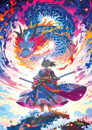 Anime Dragon Girl: Fierce Spirit, Celestial Power - Premium Wooden Framed Poster. Ready to Hang.
