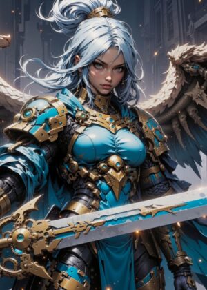 Blue Angel Warrior Part 2: Digital Fantasy Art Print - Premium Wooden Framed Poster. Ready to Hang.