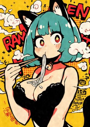 Kawaii Catgirl Ramen Illustration - Premium Wooden Framed Poster. Ready to Hang.