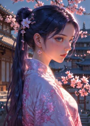 Sakura Dawn: A Digital Painting of Serenity - Premium Wooden Framed Poster. Ready to Hang.