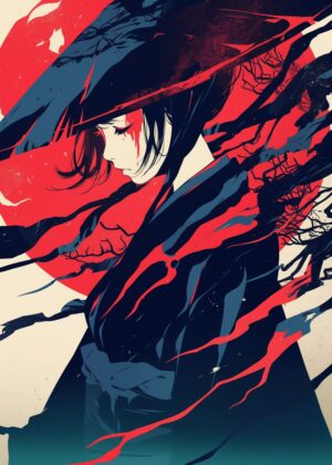 Anime Girl and Red Sun: A Striking Artwork - Premium Wooden Framed Poster. Ready to Hang.
