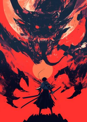 Samurai Confronting a Crimson Dragon - Premium Wooden Framed Poster. Ready to Hang.