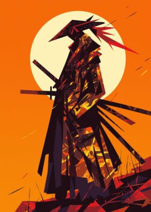 Fiery Samurai Sunset: Abstract Warrior Art Print - Premium Wooden Framed Poster. Ready to Hang.