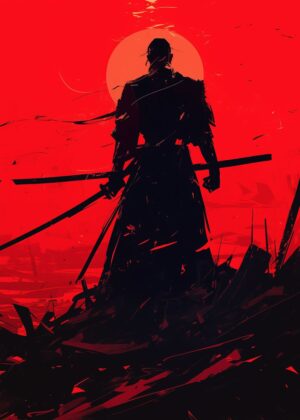 Samurai Silhouette: A Crimson Epic - Premium Wooden Framed Poster. Ready to Hang.