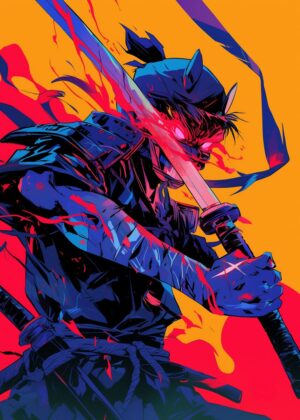 Cyberpunk Samurai Warrior Art Print - Premium Wooden Framed Poster. Ready to Hang.