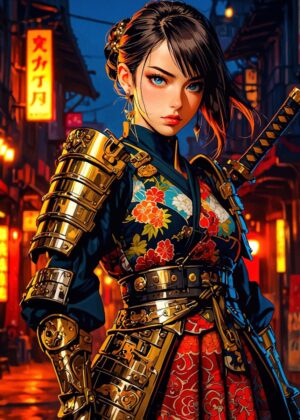 Samurai Woman in a Vibrant Cityscape - Premium Wooden Framed Poster. Ready to Hang.