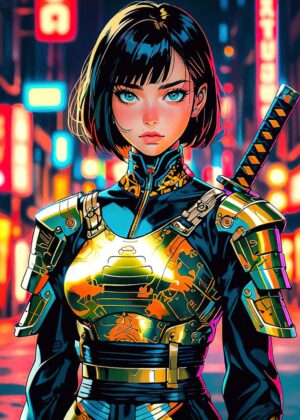 Cyberpunk Samurai Girl: Neon City Warrior - Premium Wooden Framed Poster. Ready to Hang.