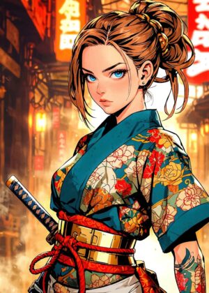 Anime Samurai Woman: A Fierce Beauty in Traditional Attire - Premium Wooden Framed Poster. Ready to Hang.