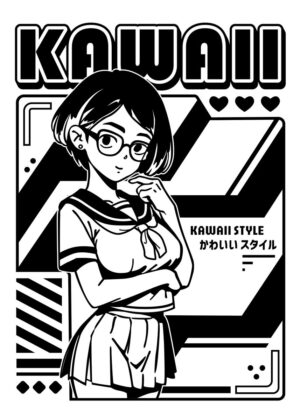 Kawaii Anime Girl: Y2K Cyberpunk Style - Premium Wooden Framed Poster. Ready to Hang.