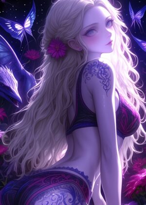 Anime Girl with Butterflies: Dreamlike Fantasy Art - Premium Wooden Framed Poster. Ready to Hang.