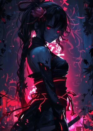 Anime Girl with Fiery Red Eyes - Premium Wooden Framed Poster. Ready to Hang.