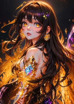 Radiant Anime Girl in Golden Attire - Premium Wooden Framed Poster. Ready to Hang.