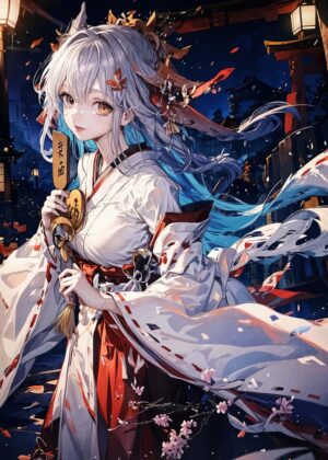 Anime Girl in Traditional Kimono: Night Scene Artwork - Premium Wooden Framed Poster. Ready to Hang.
