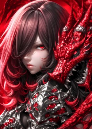 Crimson Dragon & Warrior Maiden: Anime Art Print - Premium Wooden Framed Poster. Ready to Hang.