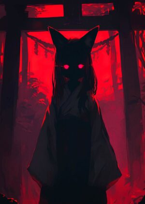 Red-Eyed Kitsune Anime Girl in Crimson Shrine - Premium Wooden Framed Poster. Ready to Hang.