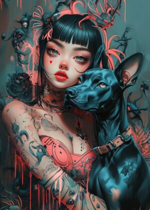 Baroque Cyberpunk Girl and Her Canine Companion: A Digital Art Print - Premium Wooden Framed Poster. Ready to Hang.