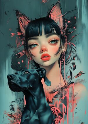 Anime Girl and Dog: Mystical Teal Portrait - Premium Wooden Framed Poster. Ready to Hang.