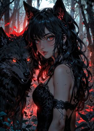 Mystical Wolf Girl in the Enchanting Forest - Premium Wooden Framed Poster. Ready to Hang.