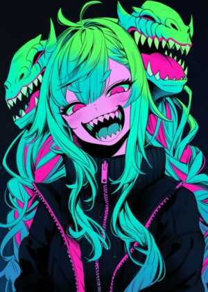 Cyberpunk Anime Girl with Dragon Heads - Premium Wooden Framed Poster. Ready to Hang.