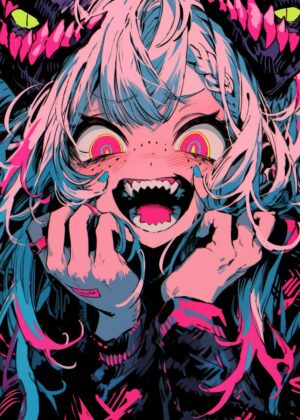 Anime Girl with Sharp Teeth: Vibrant Digital Art Print - Premium Wooden Framed Poster. Ready to Hang.
