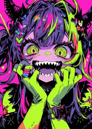 Smiling Demon Girl: Vibrant Neon Artwork - Premium Wooden Framed Poster. Ready to Hang.