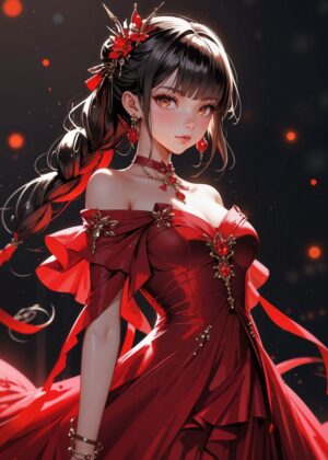 Anime Girl in Stunning Red Gown - Premium Wooden Framed Poster. Ready to Hang.