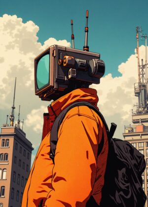 Retro Futuristic Cityscape: TV Head Artwork - Premium Wooden Framed Poster. Ready to Hang.