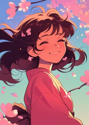 Smiling Anime Girl in Cherry Blossoms - Premium Wooden Framed Poster. Ready to Hang.