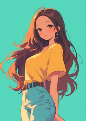 Anime Girl in Yellow T-Shirt: Vibrant Summer Style - Premium Wooden Framed Poster. Ready to Hang.