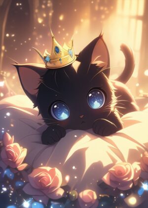 Cute Kitten King: Adorable Anime Cat Art Print - Premium Wooden Framed Poster. Ready to Hang.