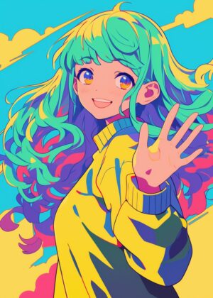 Vibrant Anime Girl with Waving Hair - Premium Wooden Framed Poster. Ready to Hang.