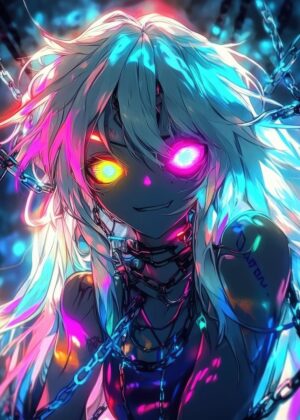 Cyberpunk Anime Girl: Neon Dreams - Premium Wooden Framed Poster. Ready to Hang.