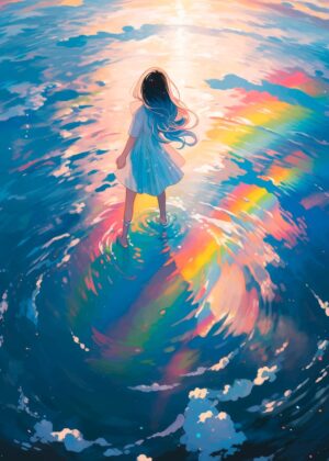 Anime Girl in Rainbow Water: A Dreamlike Digital Painting - Premium Wooden Framed Poster. Ready to Hang.