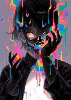Anime Boy with Skull Mask: Vibrant Digital Art Print - Premium Wooden Framed Poster. Ready to Hang.